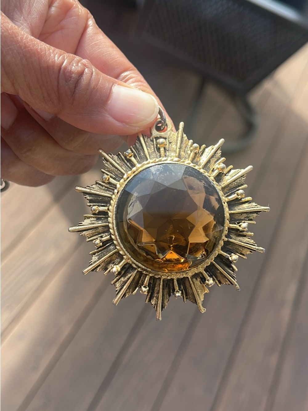 Vintage Sunburst Pendant Necklace with Amber Colored Stone